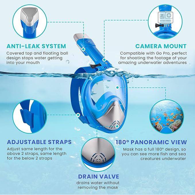 מסכת שנורקל מקצועית מלאה של Platinum Arowana® - כחול